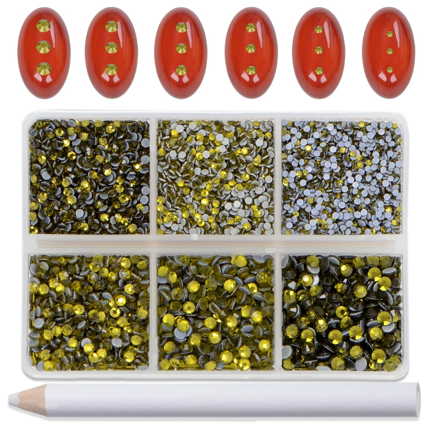 Bymitel Hotfix Crystal Rhinestones Round Gems for Crafts,Mixed 6 Sizes with Wax Pencil Kit, Olivine 1.3-3.2mm(SS3-SS12/8000pcs)