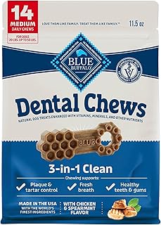 Blue Buffalo Medium Dental Chews for Dogs, Daily Dental Care Dog Treats Made in The USA with Natural Ingredients, Chicken & Spearmint (14 Count)