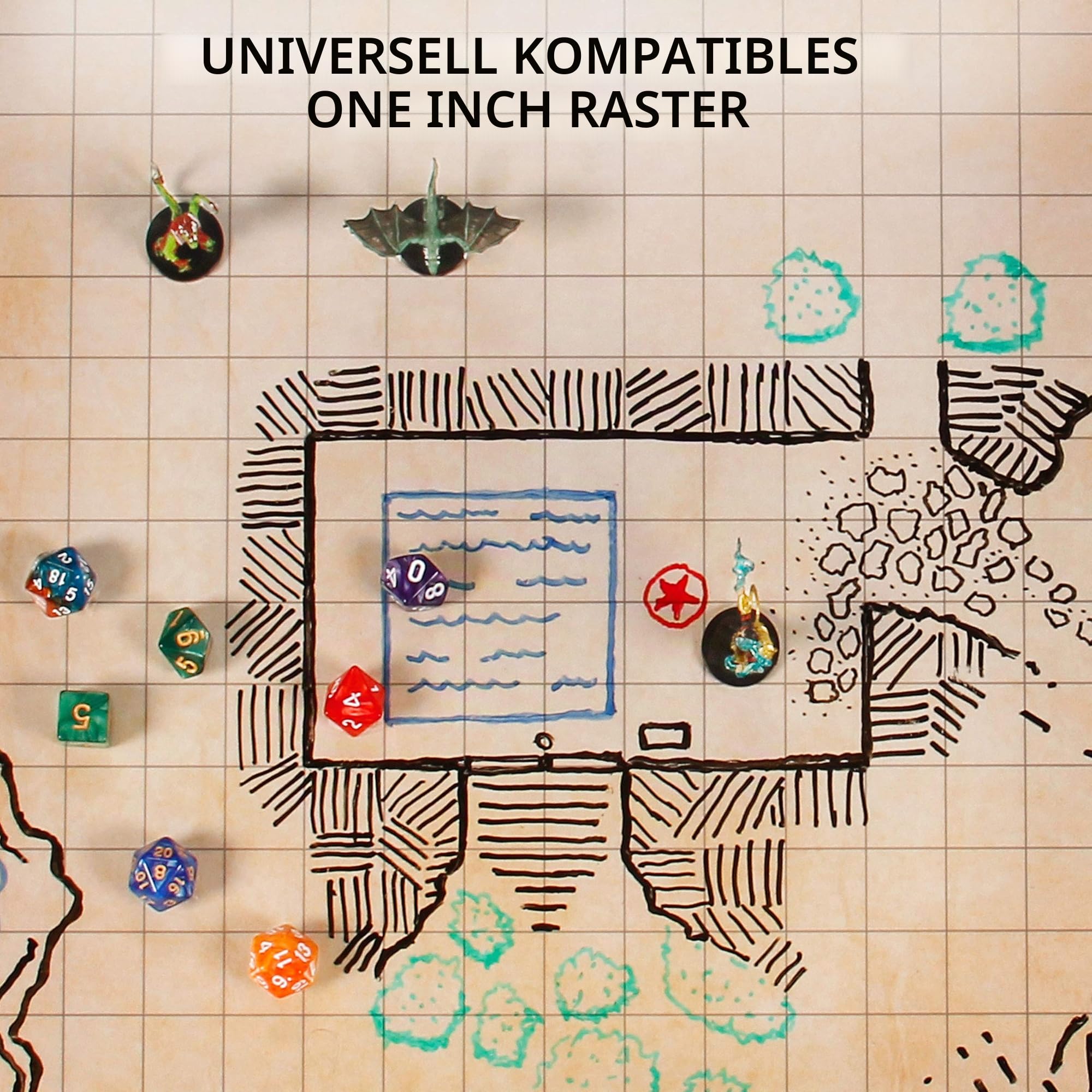 ENHANCE RPG-Gittermatte – Tisch-DND-Karte (61 x 91,4 cm), trocken abwischbare Rollenspielmatte, komplettes Gaming-Set, löschbare Kampfgitter-Spielmatte aus Pergament mit Reisetasche, Marker-Set