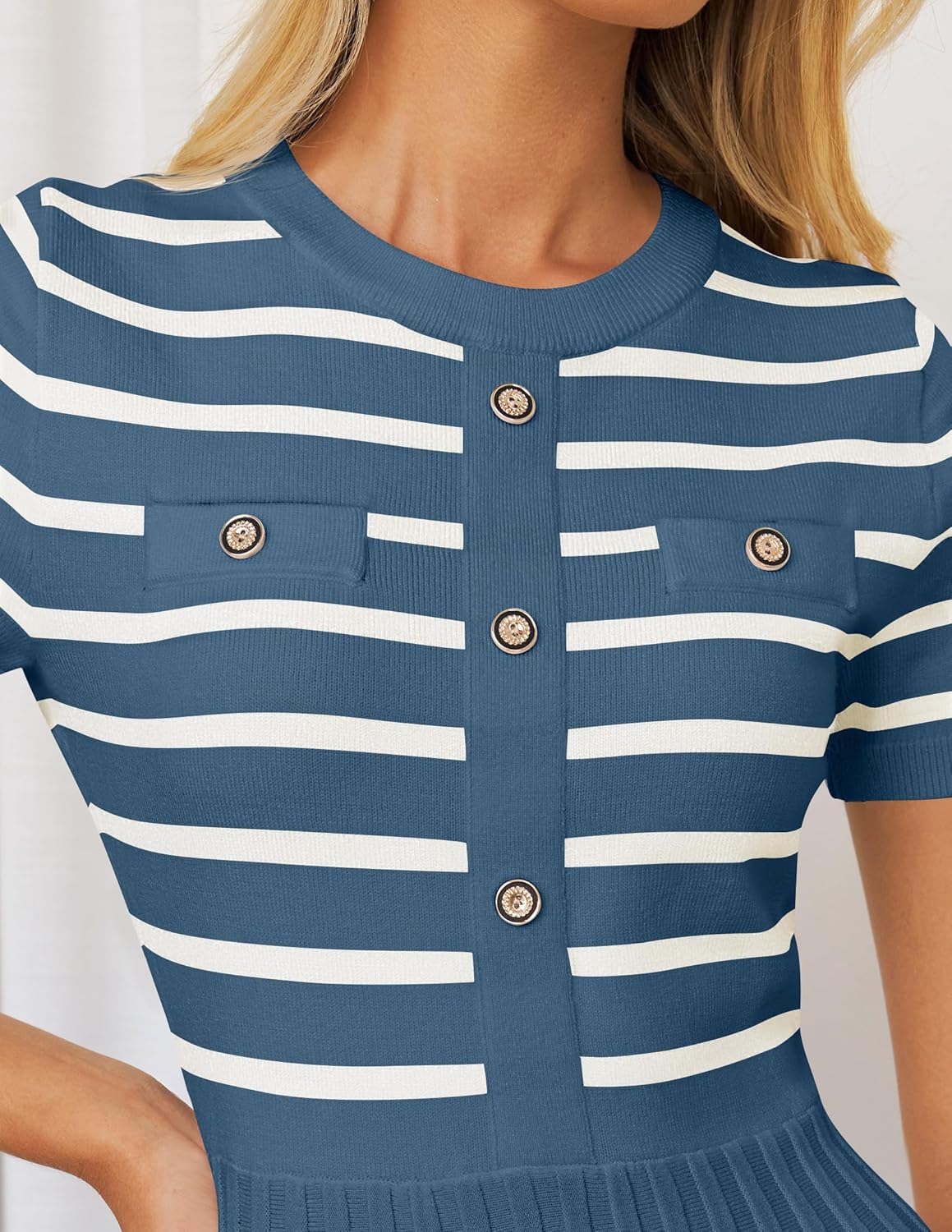 ZESICA Women's 2026 Casual Striped Midi Dress Crewneck Short Sleeve Button Ribbed Knit Swing Pleated A Line Dresses - Image 5