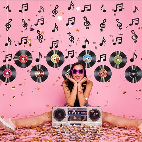 Miniatura 3 de 9 piezas de decoración de fiesta de rock and roll, para Halloween, retro, notas musicales, pancartas colgantes recortadas, notas de registro,