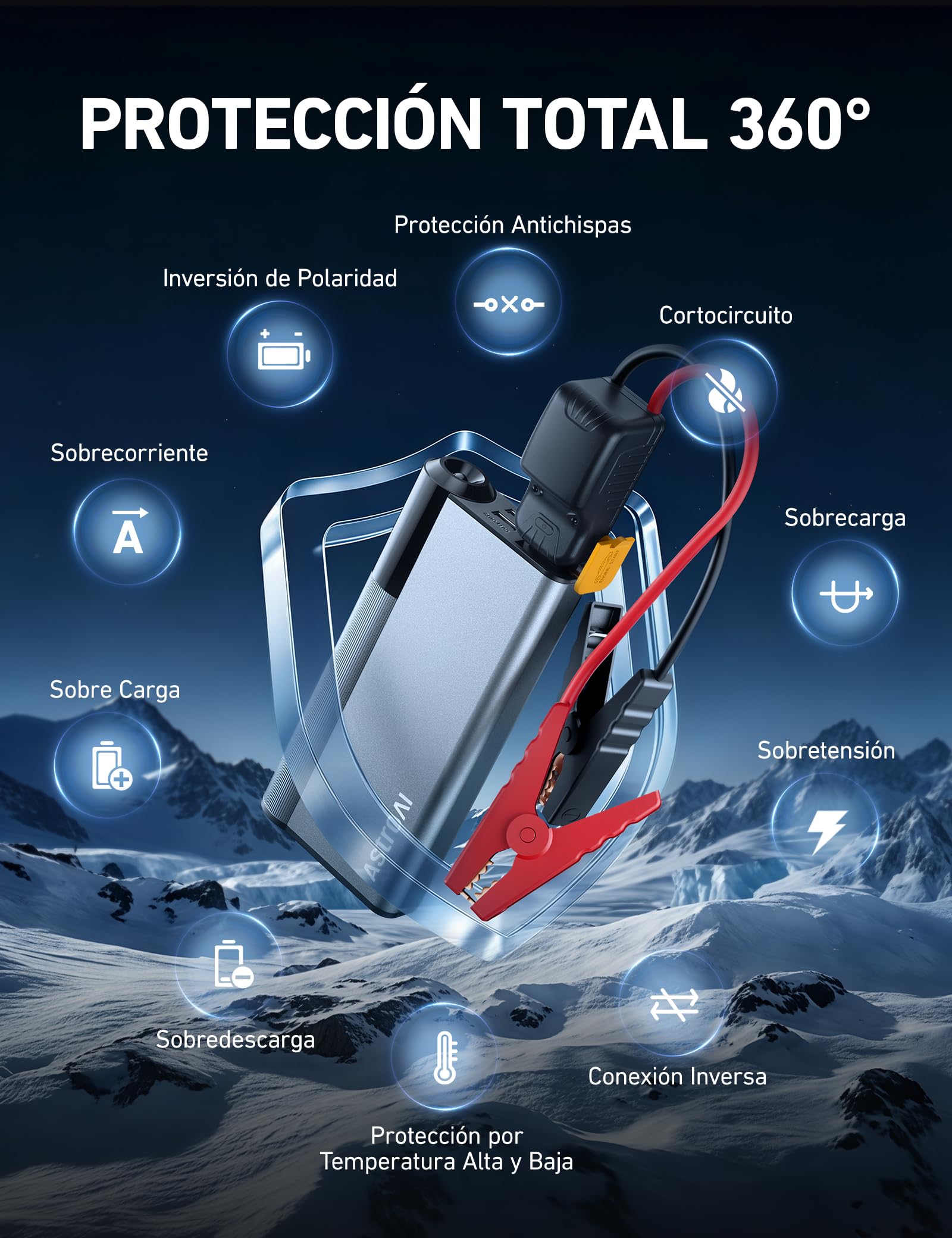 AstroAI Arrancador de Batería de Coche 8000A de Aluminio Ultrarresistente | 3 en 1 Jump Starter Portátil (Todo Gasolina/12L Diésel) con Pantalla LCD, Luz LED Emergencia y Powerbank, Amarillo