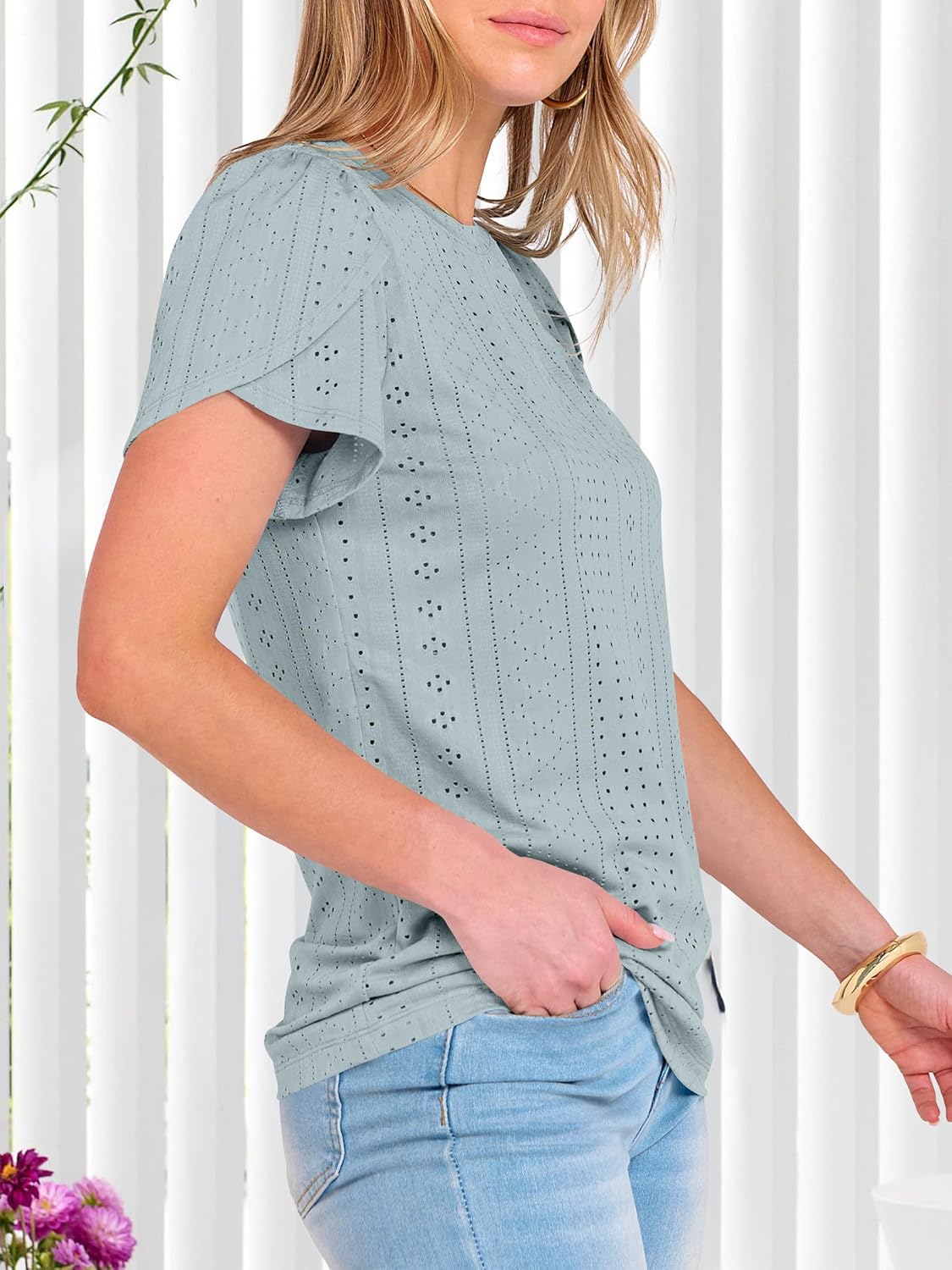 ANRABESS Womens Tops Summer Eyelet Petal Short Sleeve T Shirts Dressy Casual Blouses Ladies Basic Tees 2026 Spring Clothes - Image 4