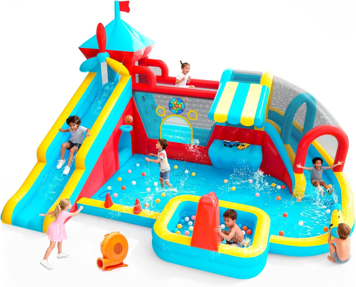 Inflatable Bounce House with Double Slide, Water Slide with Jumping Area, 10 in 1 Large Bounce Castle, Splash Pool, Climbing Wall, Toy Stand, Water Cannon, Basketball, Tunnel, Outdoor, Indoor, Blue