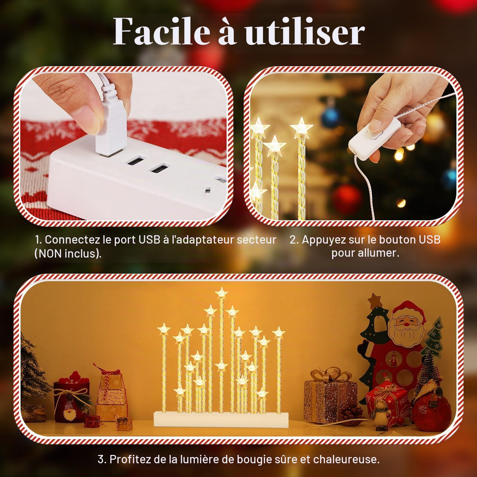 Lewondr Chandelier Suédois de Noël, Bougies sans Flamme Etoilées avec 20 LED Bougies Electriques, Bougies de Fenêtre de Noël Alimentées par USB pour la Décoration de Noël, Cadeau de Mariage, Blanc