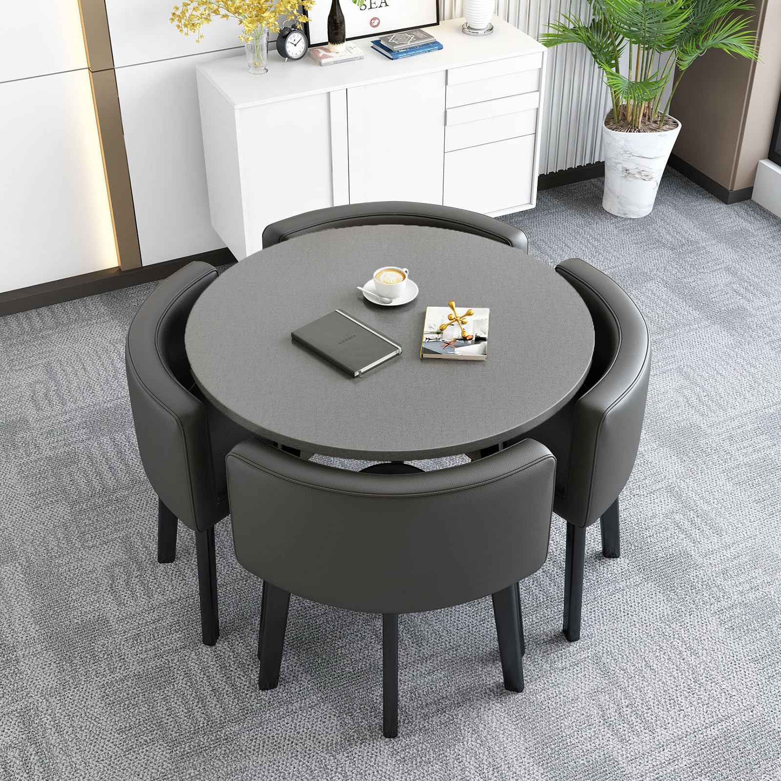 WOTZOV Modern Round Dining Table Set For 4 Upholstered Chairs Space-Saving Kitchen & Living Room Table Casual Reception Room Furniture Ensemble,Noir 70cm/27.5in