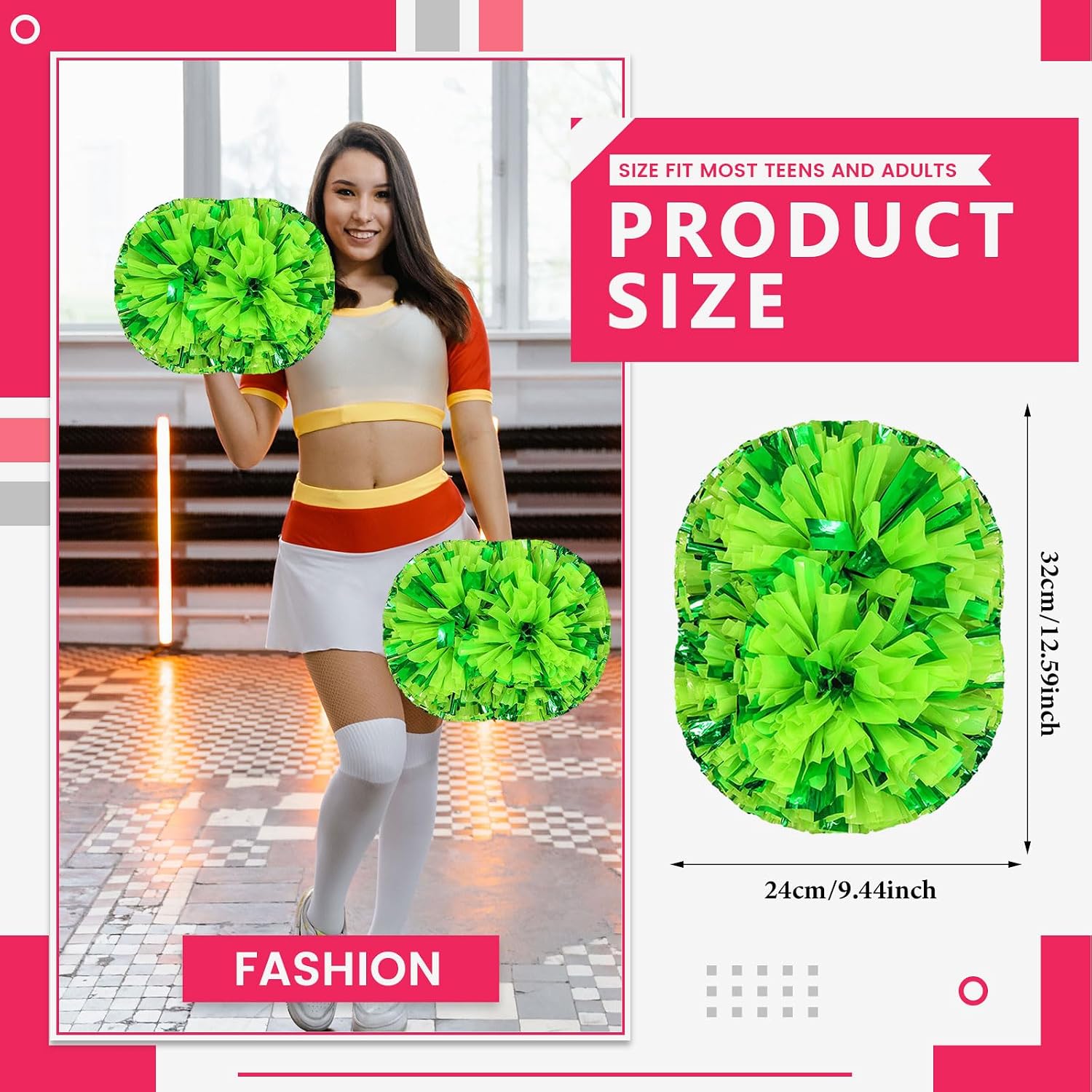 Metallic Cheerleading Pom Poms, 20Pcs Party Tissue Pom Poms with Baton Handle, Cheering Squad Hand Flower (Green)
