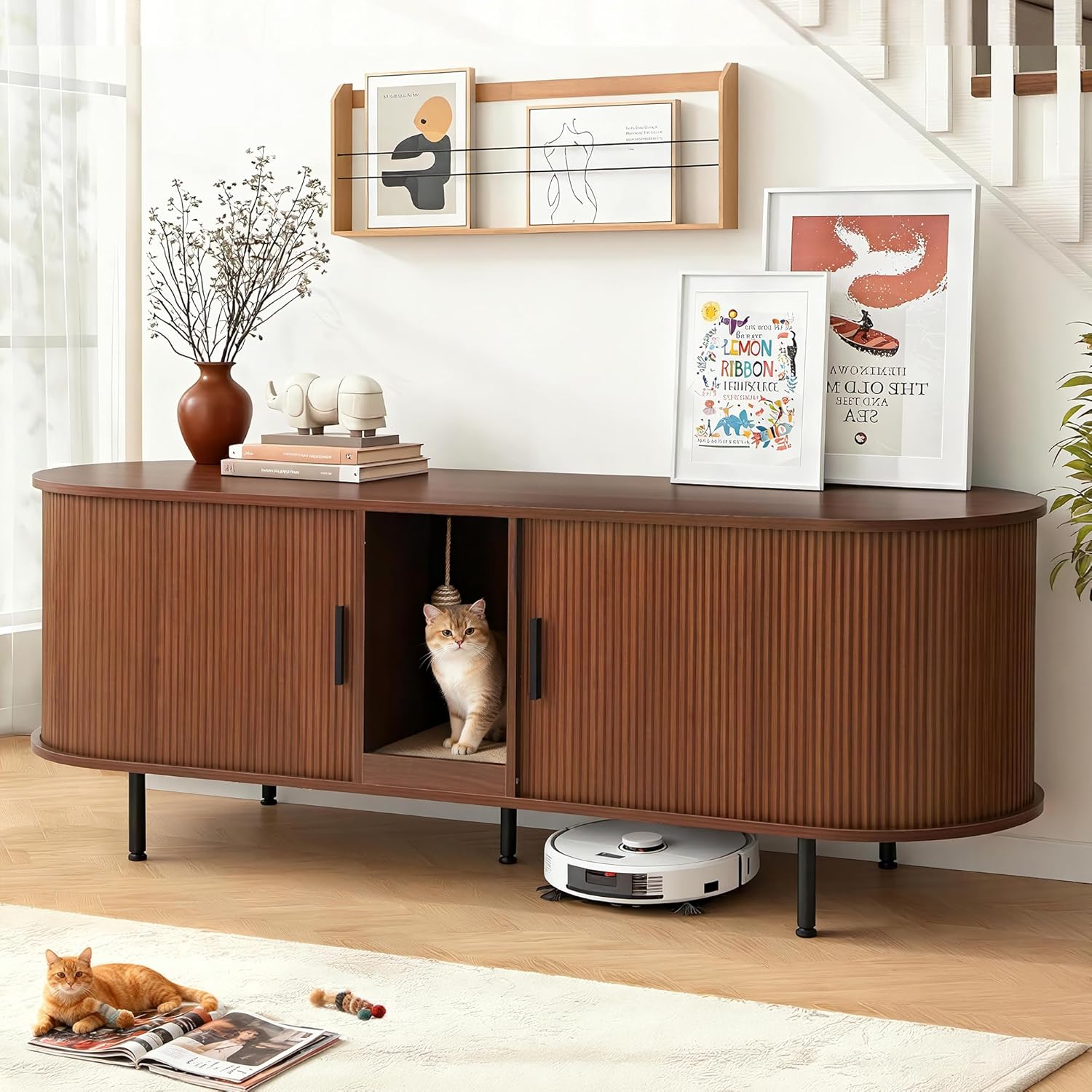 Cat Litter Box Furniture Enclosure with Scratch Pad, Hidden Fluted Cabinet with Sliding Door, Multi-Functional Modern Cat House as TV Stand or End Table (Brown, 63" L)