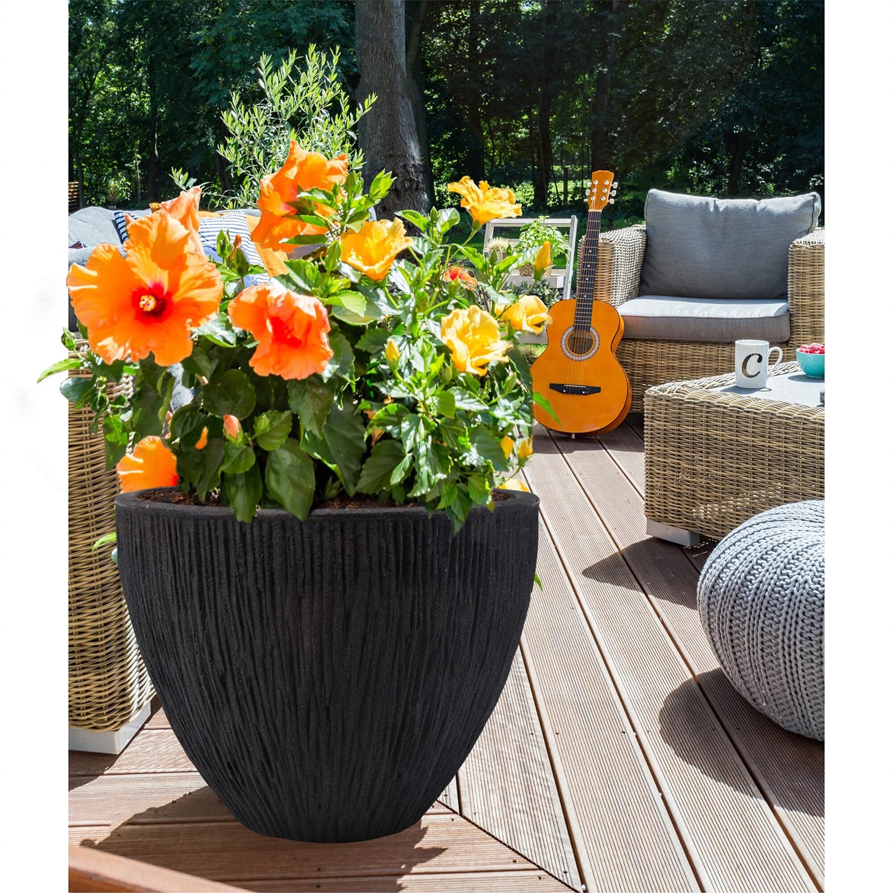 GEEZY Large Anthracite Round Flower Pot – 39cm Textured Plant Tub for Indoor & Outdoor Use, Lightweight & Durable Plastic Planter, Ideal Garden & Indoor Plant Pots for Home Decor