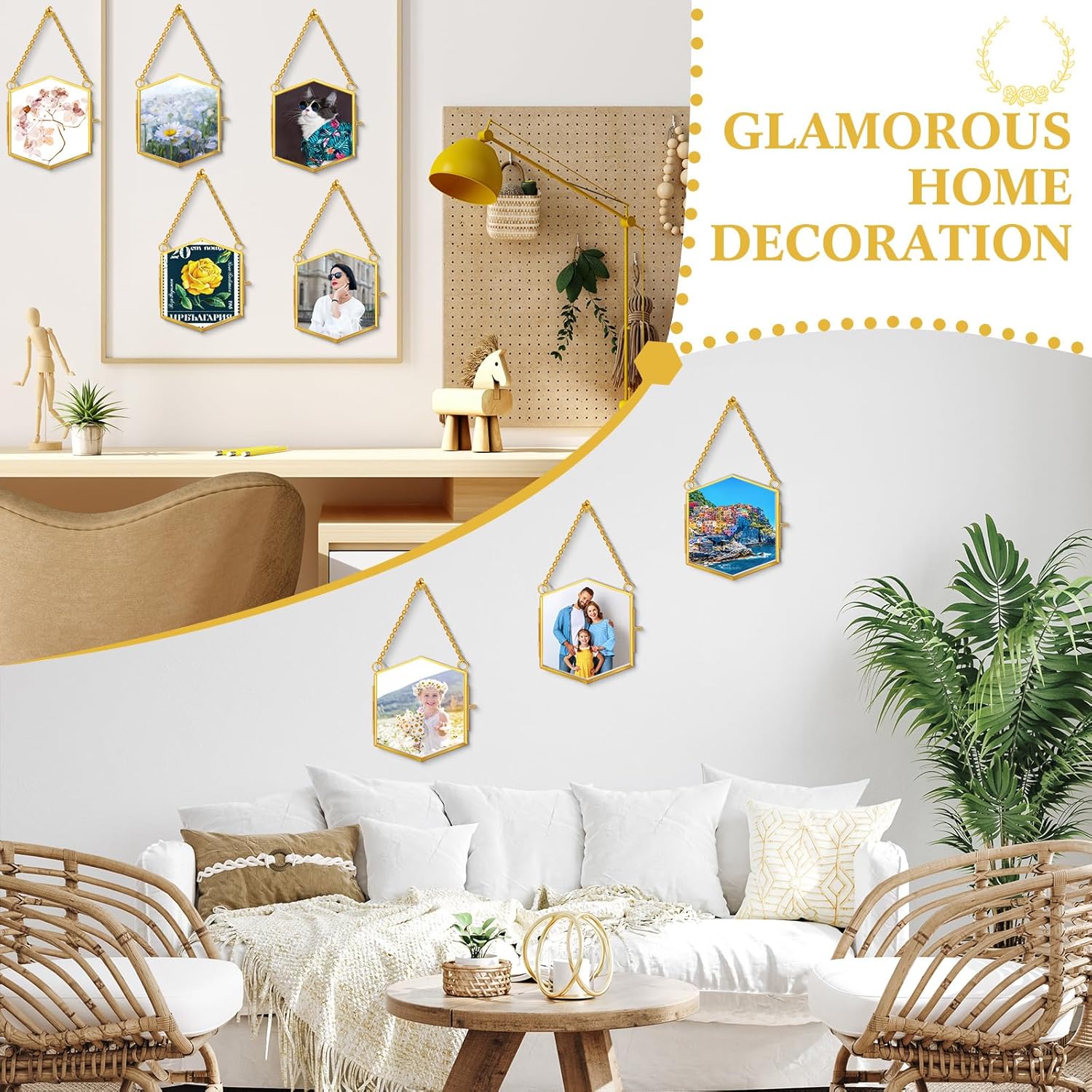 Leinuosen 8 Pcs Pressed Flower Frames Dried Flower Hanging Glass Frame 3.7'' x 3.3'' Vintage Brass Hexagon Floating Double Picture Artwork Display for Photo Picture DIY Home(Gold)