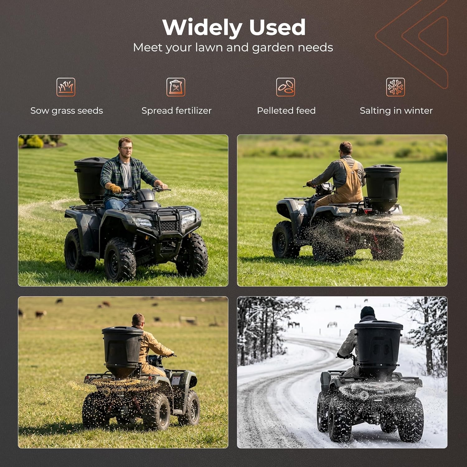 ATV All-Purpose Broadcast Spreader Fit for Seed Fertilizer Rock Salt Deer Feed and More, 15-Gallon Vertical Mount with 12V Motor 30-Foot Spread Width Black