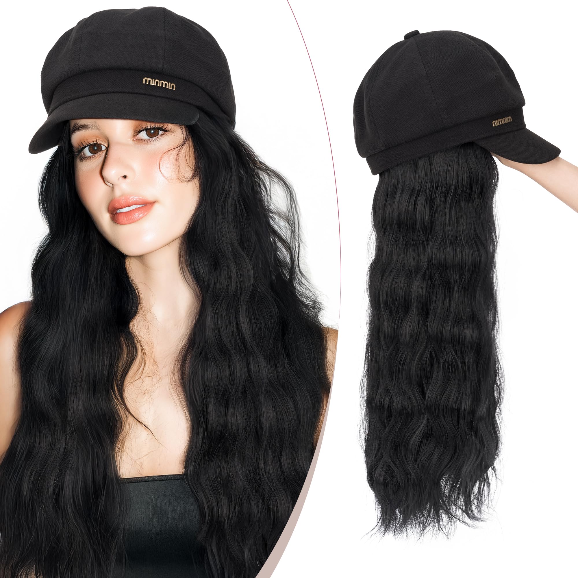 SEGO 18 Inch Long Wavy Hair Extension With Attached Black Beret Hat Synthetic Hairpiece Fashionable For Women - Dark Black