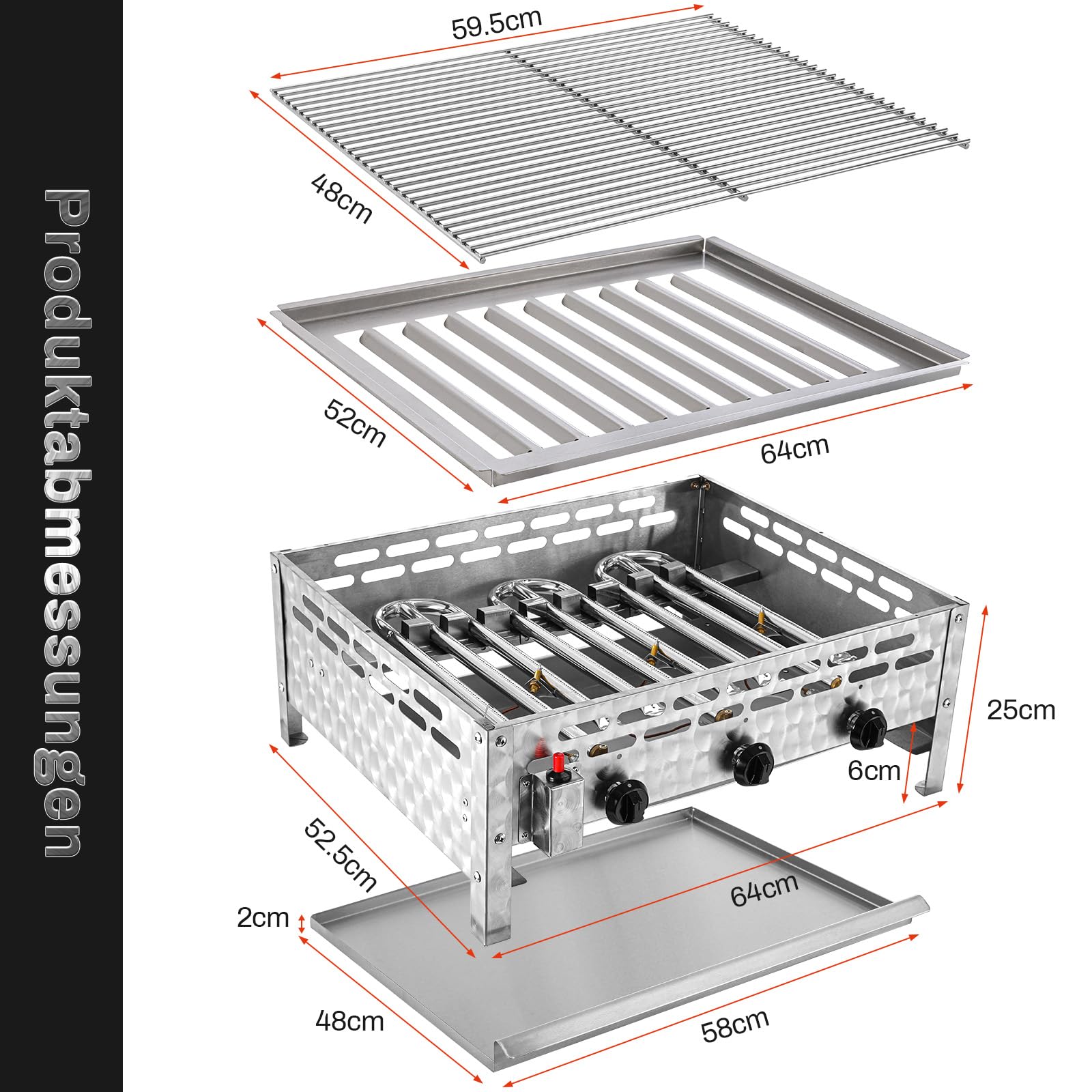 TLSUNNY Edelstahl Gasbräter 3-flammig 12 kW, Profi Gasgrill, Gastrobräter gas mit Grillrost, Tischgasgrill für Gastronomie, Outdoor, Garten, Wurstbrater, 59.5x48 cm Grillfläche, 4 PCS Füße
