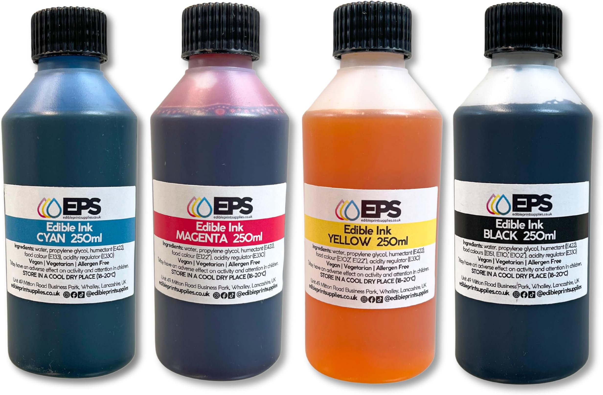 Edible Ink for Edible Printer - Bottled Refills (4 x 250ml) - Full Set of Bottled Edible Inks in Black, Cyan, Magenta and Yellow for CMYK Inkjet Edible Printers - For Canon & Epson Edible Printer