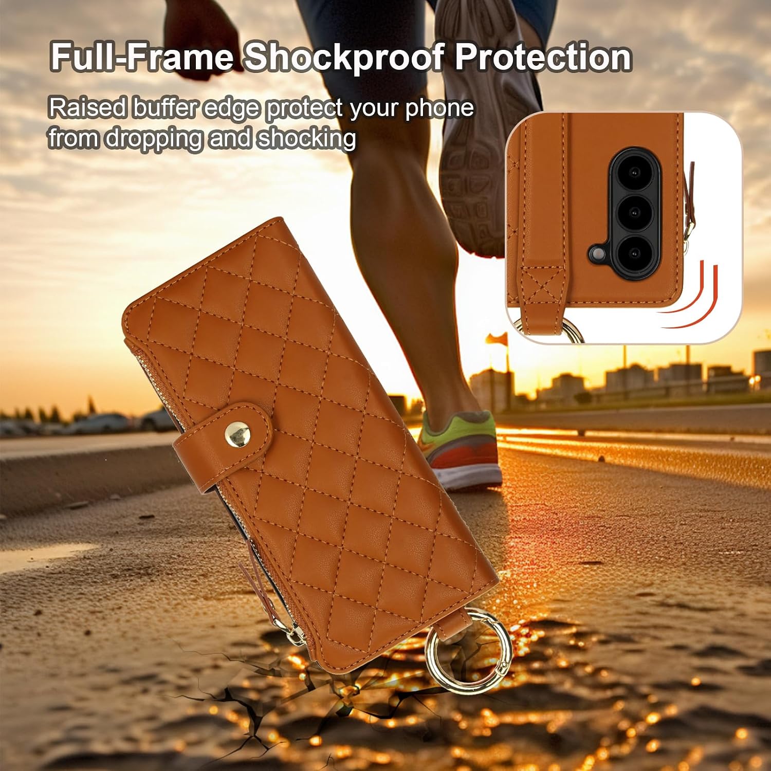 KIHUWEY for Galaxy Z Fold 6 Wallet Case with Card Holder Premium Leather Magnetic RFID Blocking Shockproof Zipper Wrist Strap Lanyard Cover for Samsung Galaxy Z Fold 6 7.6 Inch (Brown)