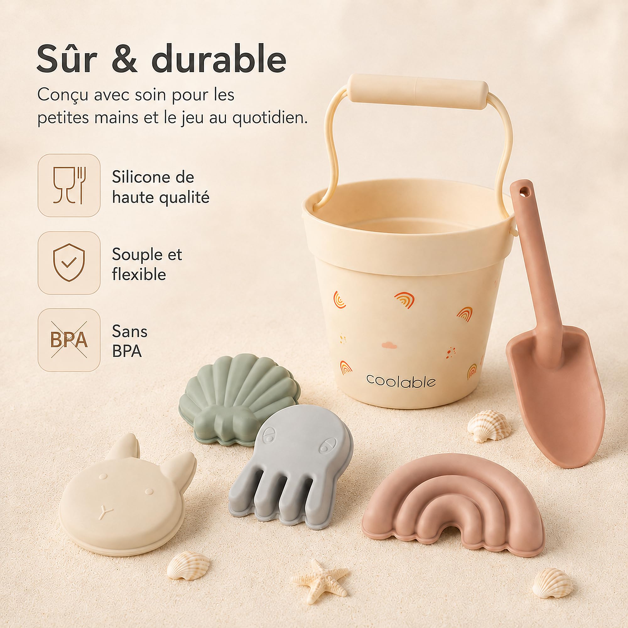 Lot de 6 Jouets de Plage en Silicone pour Enfants - Seau Pliable, Pelle, 4 Moules à Sable et Sac Filet - Arc-en-Ciel