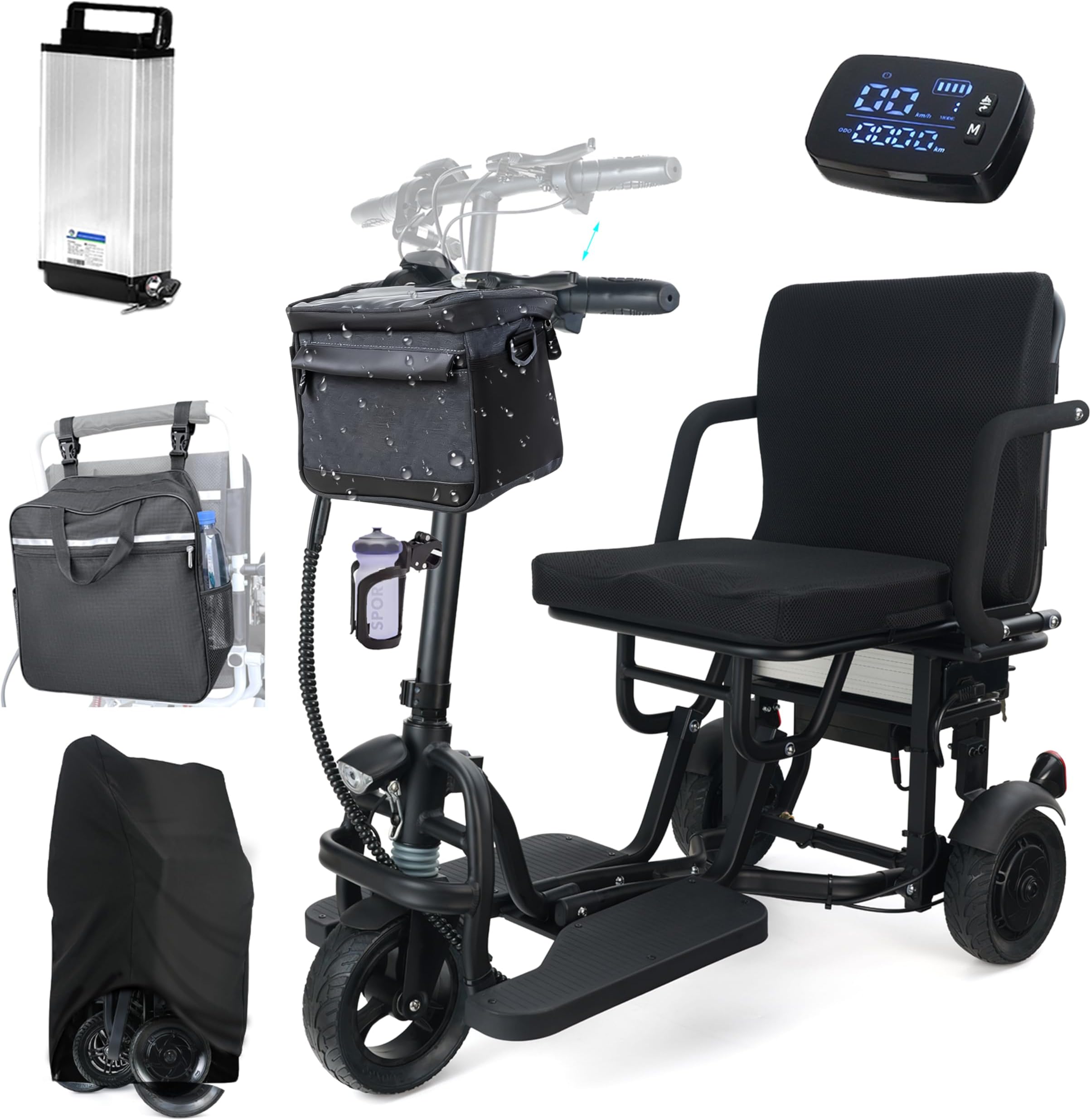 3 Wheel All Terrain Mobility Scooter for Adults,300 lbs Weight Capacity, Adjustable Handle Height Airline Approved Foldable Electric Scooter, No Assembly Required, with Basket, Cup Holde, Dust Cover