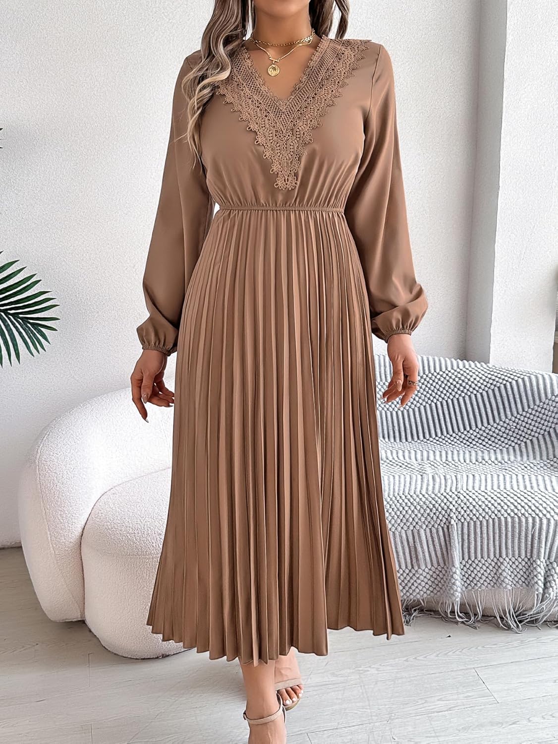 Women's Fall Long Sleeve Midi Dress V Neck Casual Loose Fit Spring Pleated A Line Flowy Vacation Dresses - Image 4