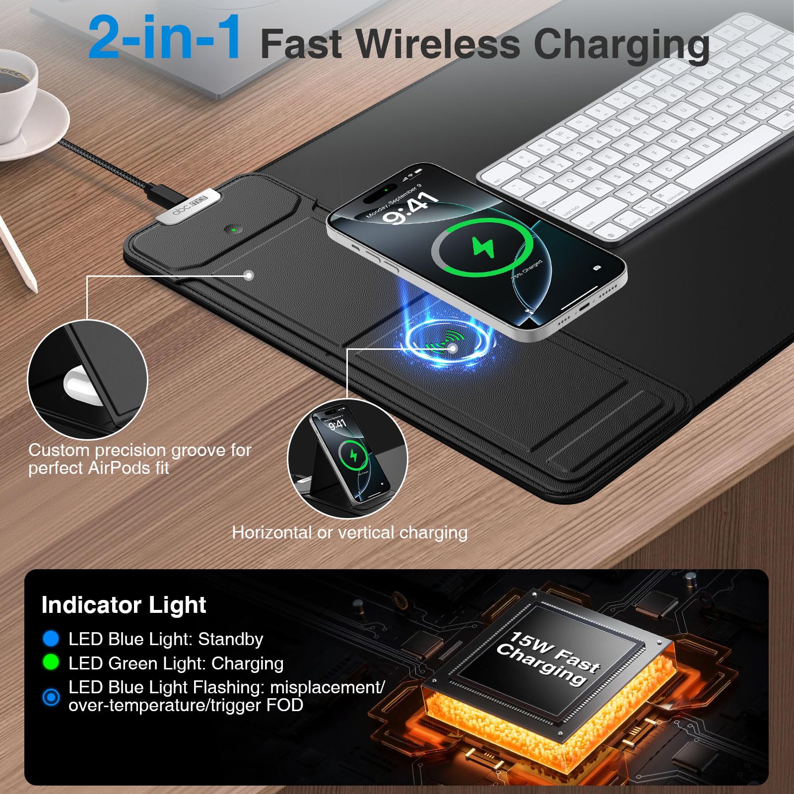 Tappetino per mouse di ricarica wireless con supporto pieghevole per telefono, 69,8 x 30 cm, grande tappetino da scrivania per laptop/tastiera, superficie ultra liscia, base antiscivolo, nero