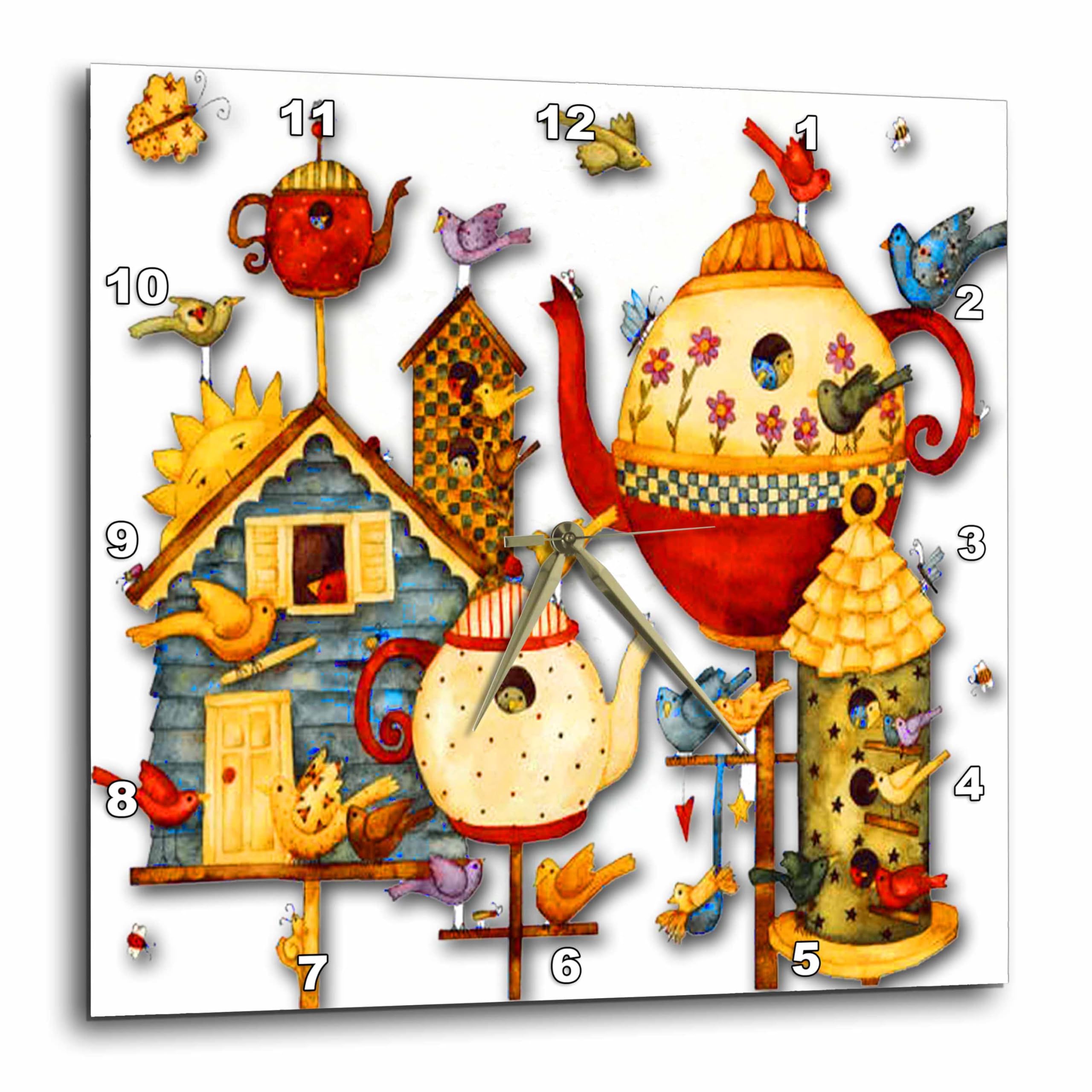 Horloge murale théières et nichoirs style cottage pour cuisine et salon