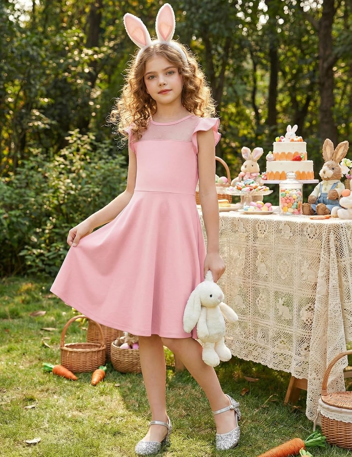 Flypigs Girls Dresses Summer Formal Party Wedding Ruffle Sleeve Mesh Knee Length A Line Dress with Pockets
