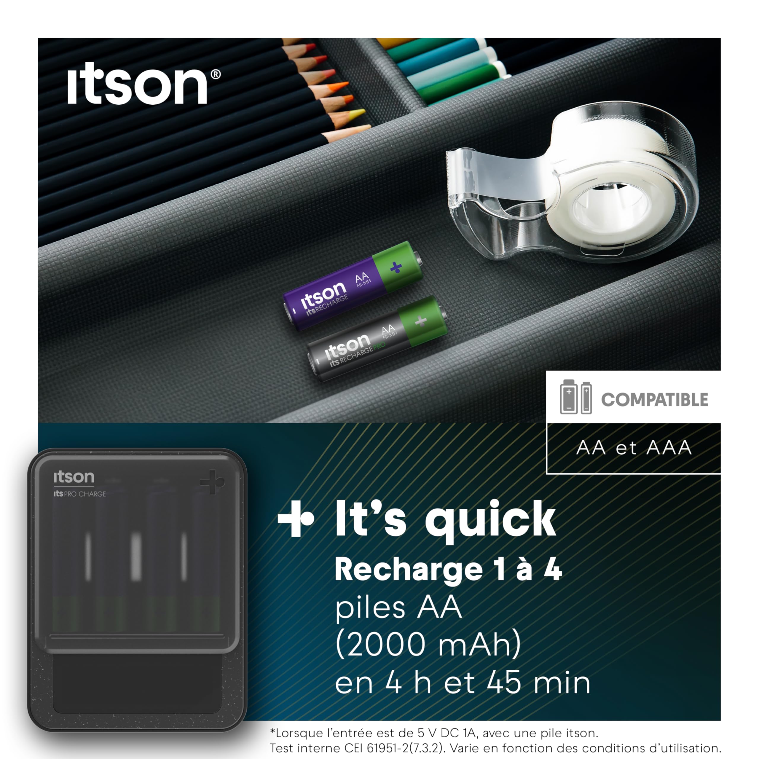 itson Chargeur de Piles, itsPRO Charge Ni-MH USB-C vers USB-C, 4 Piles AA (2000 mAh), Temps de Charge de 4 h 45 Min, écran LCD, détection des Piles alcalines ou défectueuses, Mode économie d’énergie