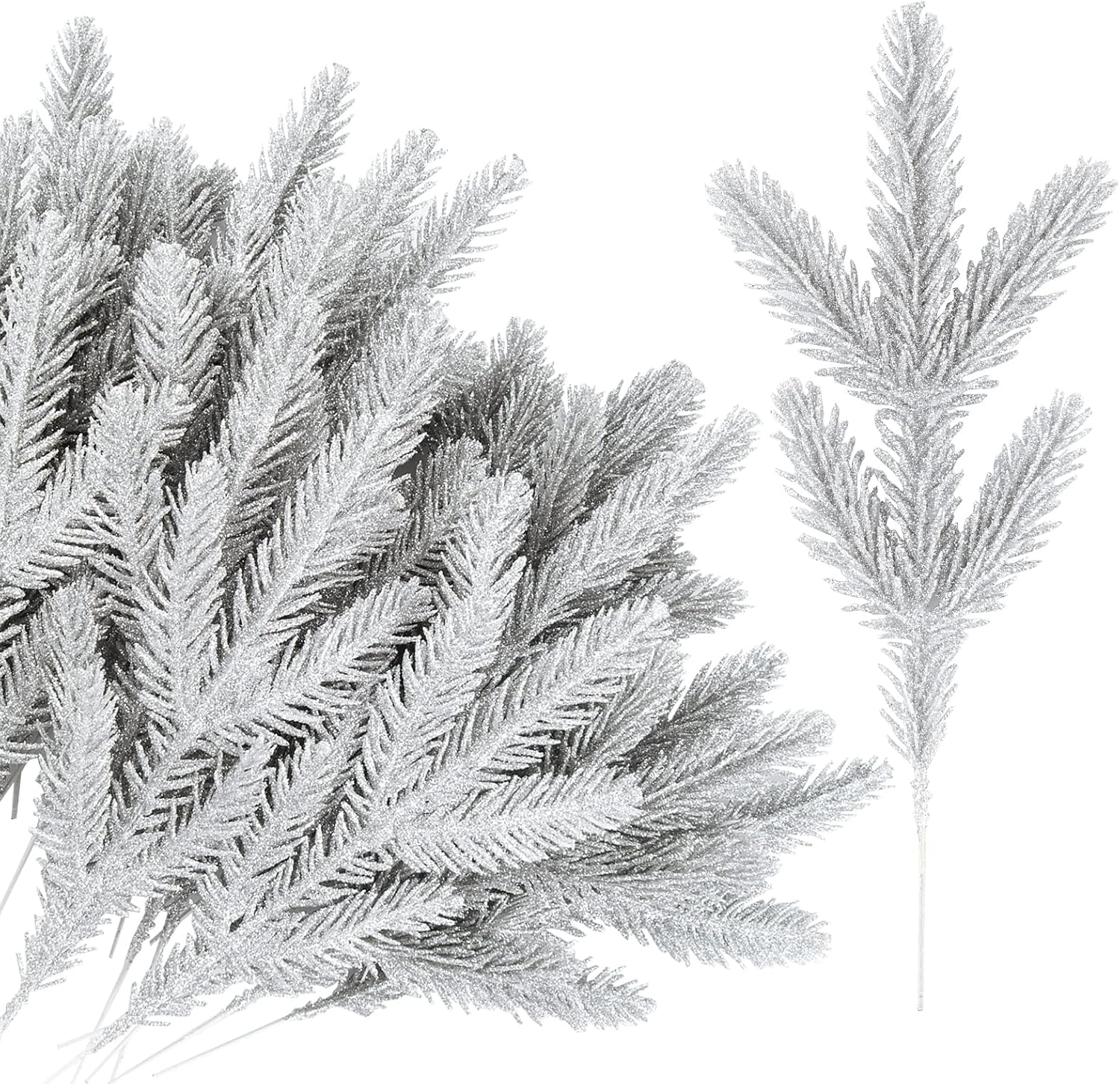 VINFUTUR 24 Pieces Artificial Pine Needles Branches Silver Glitter Pine