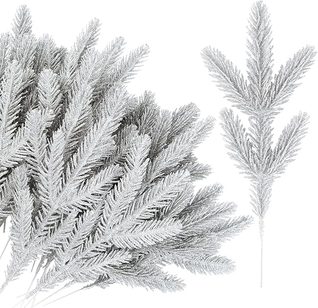 24 Pieces Artificial Pine Needles Branches Silver Glitter Pine Picks Plastic Pine Tree Branches for DIY Crafts Wreaths Garlands Christmas Flower Arrangement Table Decoration
