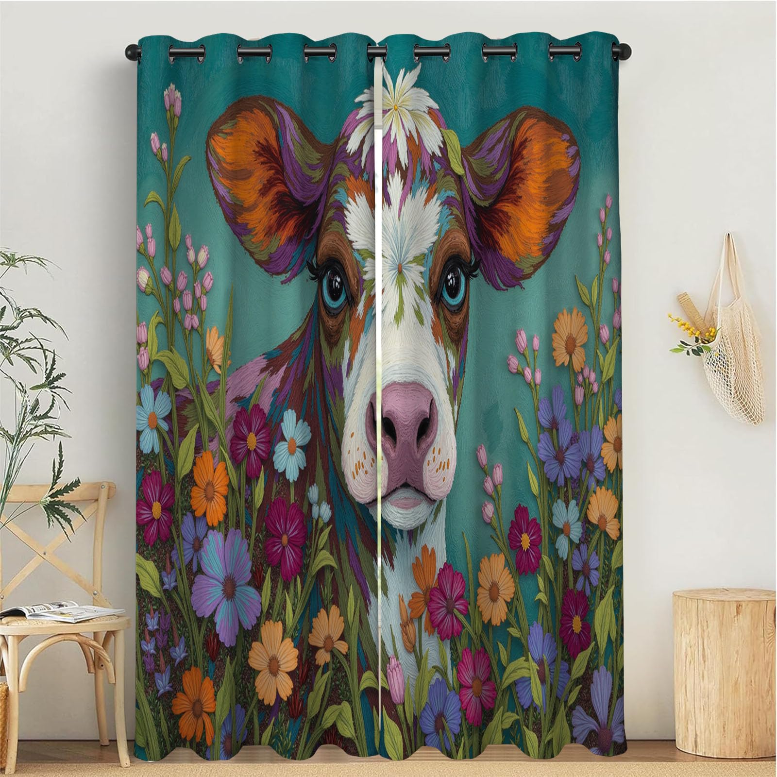 Rideaux Occultants 3D Fleurs Vache 140x175 cm | Double Panneau Isolant Thermique Vert Clair