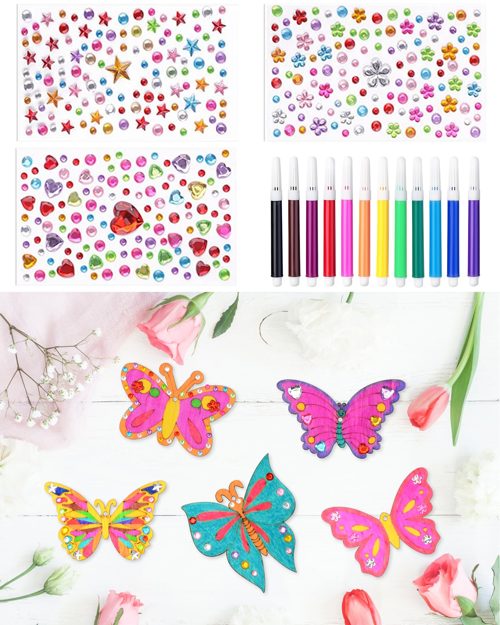 CHMMY 65 Sztuk Motyli - Zestaw Dekoracyjny dla Dzieci z Drewnianymi Motylami, Pisakiem Akwarelowym i Naklejkami ze Strasu - Dekoracja na Urodziny, Imprezy, Wesela, Baby Shower i Wieńce