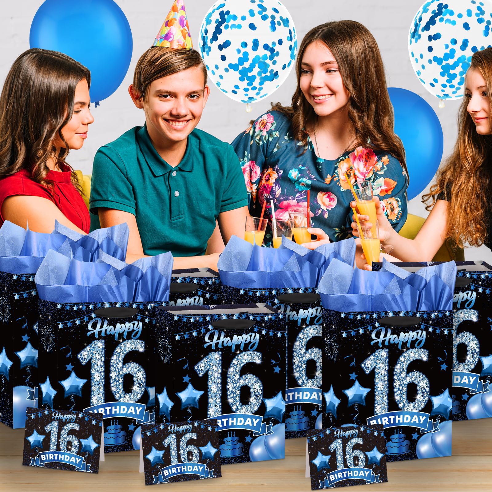 Blue And Black 16Th Birthday Gift Bag With Tissue Paper And Greeting Card Happy