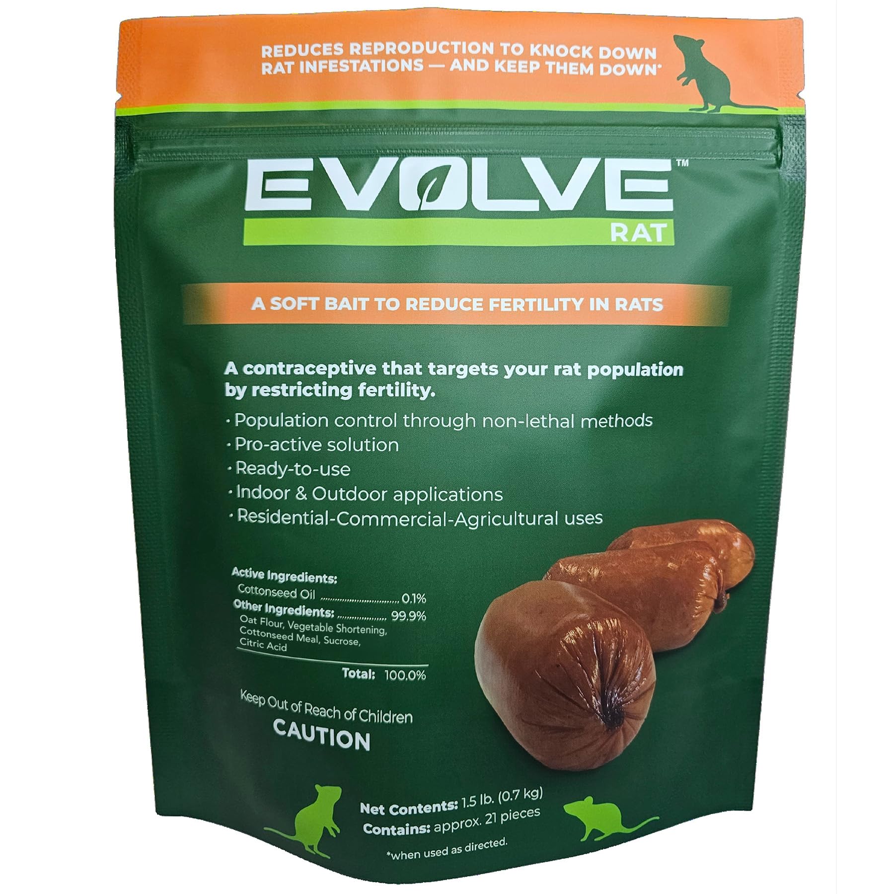 Senestech Evolve Cottonseed Oil-Based Soft Bait Contraceptive for Rats, Formulated to Lessen The Population in or Near Your Home, 1.5 lbs (Approx 21 Pieces)