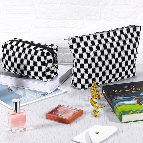 Miniatura 7 de ZLFSRQ Juego de 2 bolsas de maquillaje a cuadros para mujer, bolsa de cosméticos a cuadros grande y pequeña, bonita bolsa de maquillaje negra para