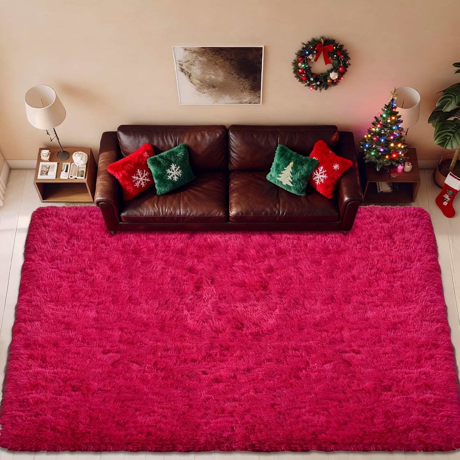 Tapis salon shaggy 130x350 cm rose rouge super doux pour chambre cocooning