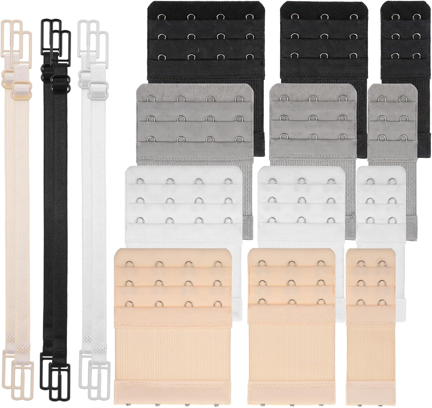 16 Pcs Bra Extenders 2 Hook / 3 Hook / 4 Hooks and Bra Strap Extender, Elastic Bras Extender (Black/White/Nude/Gray