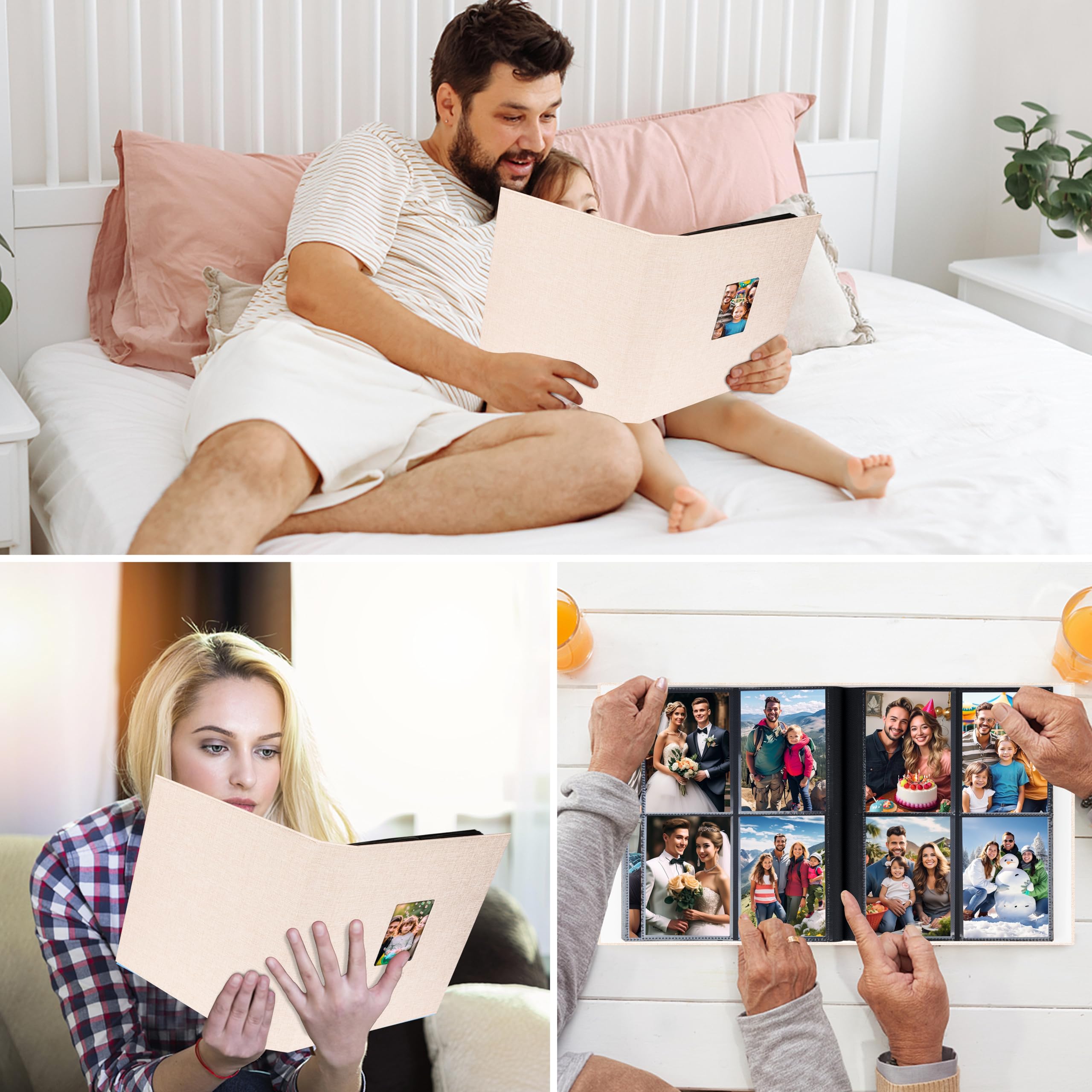 Album photo de 8,9 x 12,7 cm, pour 256 photos, couverture en lin de 7,9 x 12,7 cm avec fenêtre à l'avant, album photo de 7,6 x 12,7 cm pour photos de mariage, famille, anniversaire, cartes (beige)