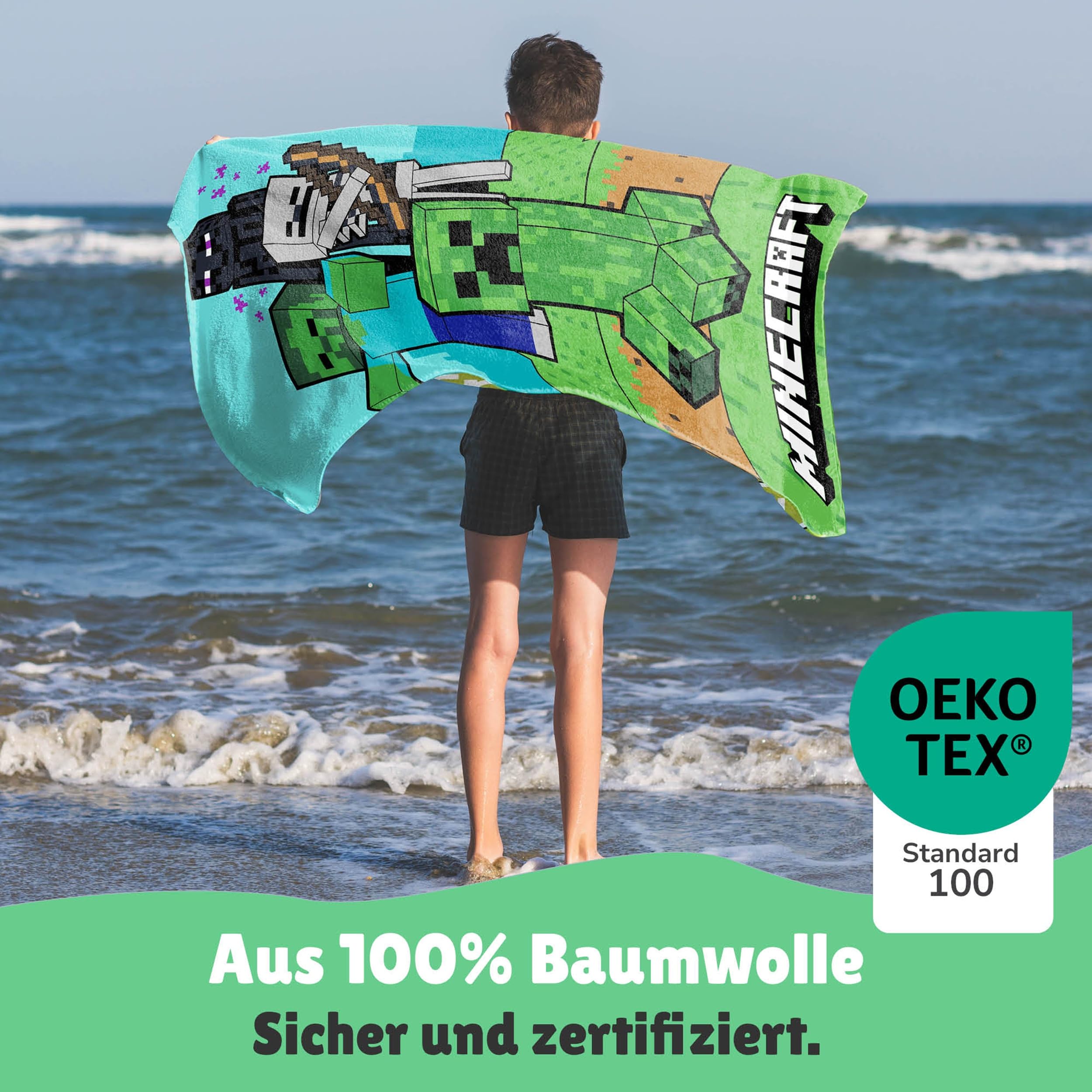 Familando – Minecraft Strandtuch Jungen 70x140 cm – Badetuch & Duschtuch aus 100% Baumwolle – mit Creeper, Zombie & Enderman – Öko-TEX Zertifiziert