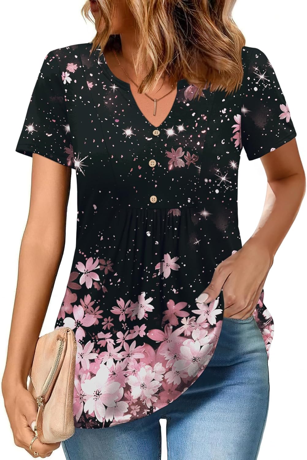 Zeagoo Womens Short Sleeve Tops Summer Henley V-Neck Tshirts Casual Pleated Blouse Dressy Loose Floral Basic Tee - Image 2