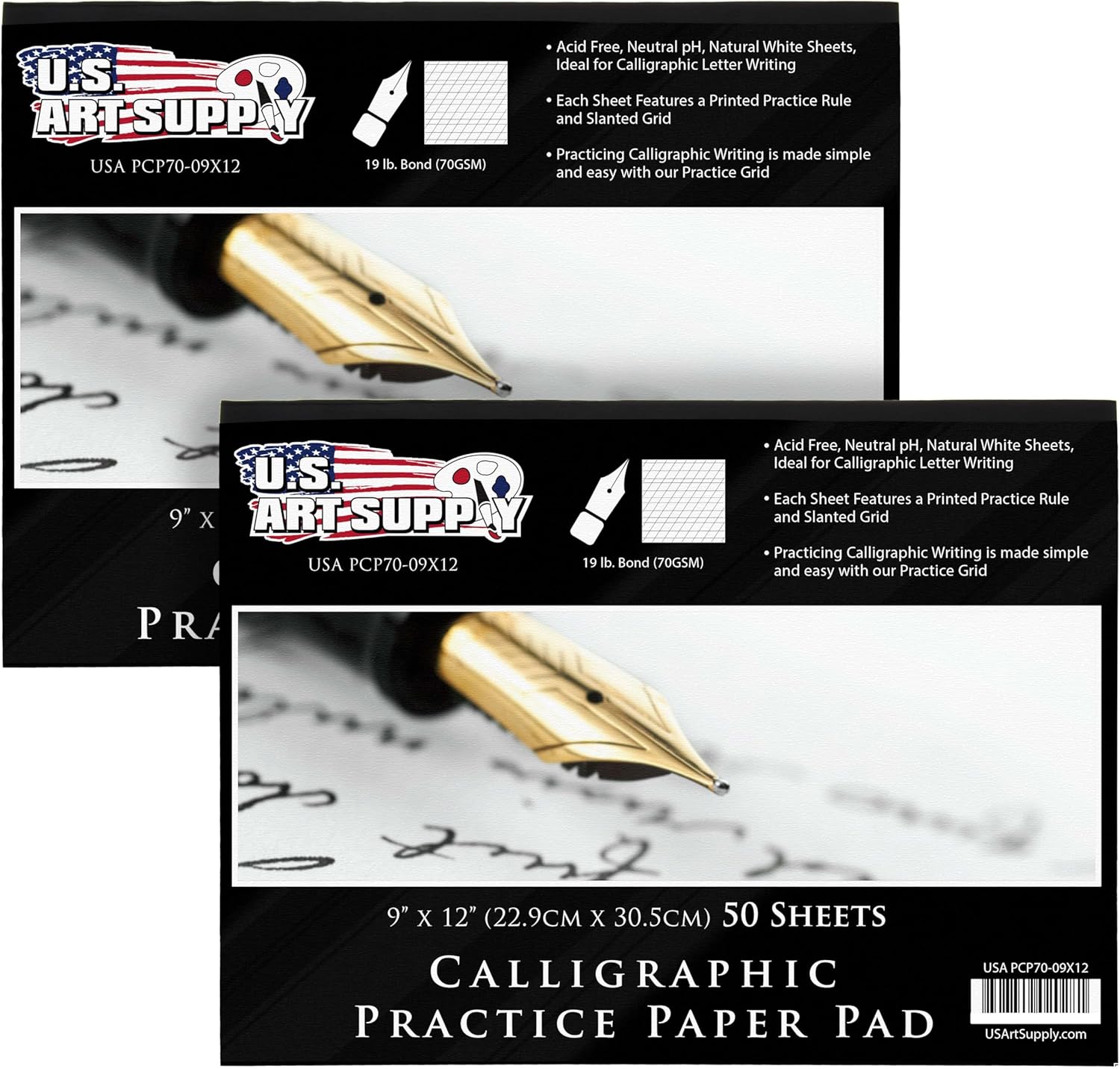 US Art Supply Calligraphy Practice Paper Pad 2-Pack, 9x12" Slanted Grid Sheets, 100 Total Acid-Free Pages for Beginners