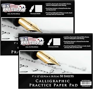 US Art Supply Calligraphy Practice Paper Pad 2-Pack, 9x12" Slanted Grid Sheets, 100 Total Acid-Free Pages for Beginners