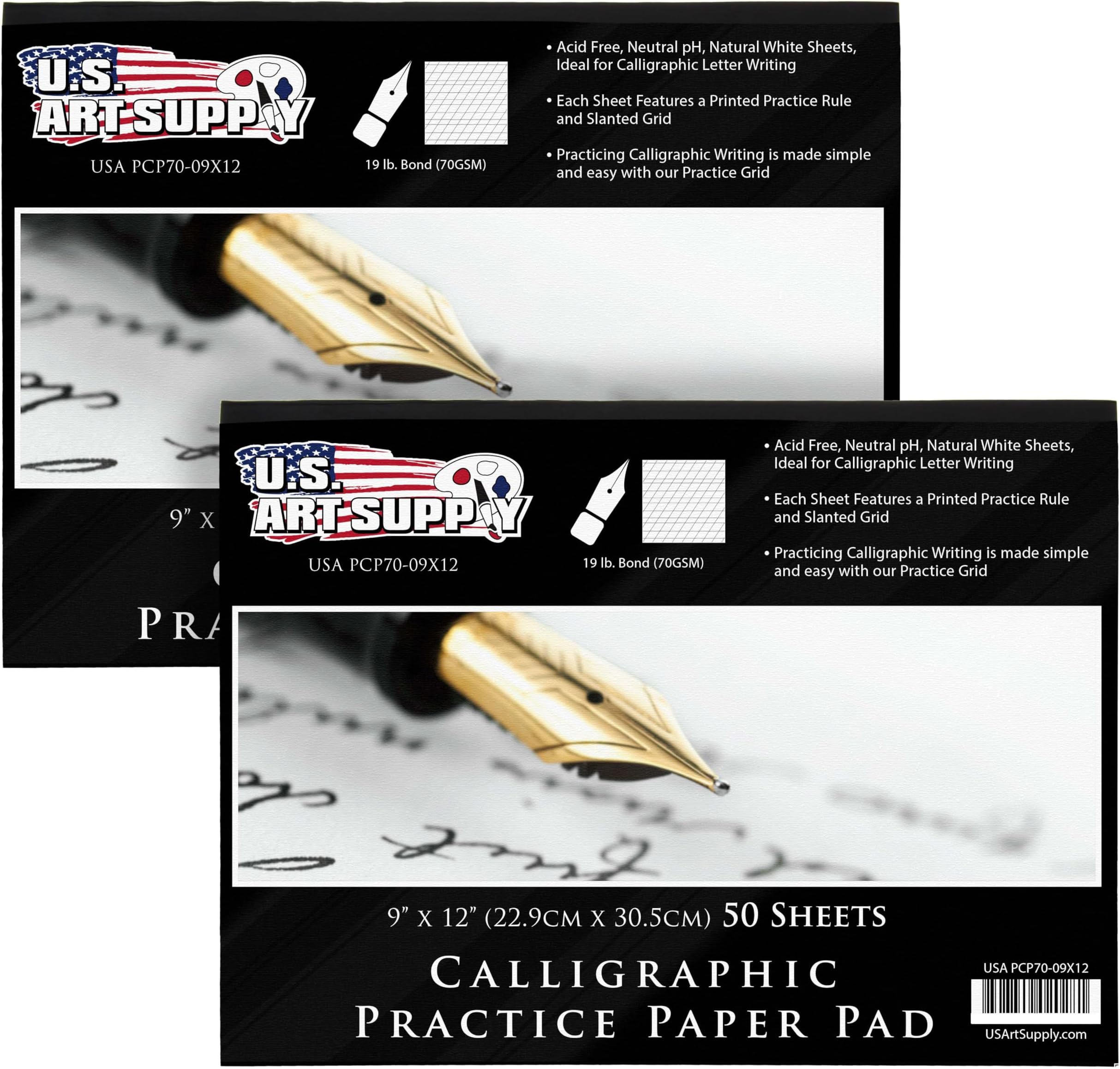 U.S. Art Supply Calligraphy Practice Paper Pad (2 Pack) - 9" x 12", 19lb Bond (70gsm), Pad of 50 Sheets (100 Total) with Printed Slanted Grid - Calligraphy Practice Book for Beginners