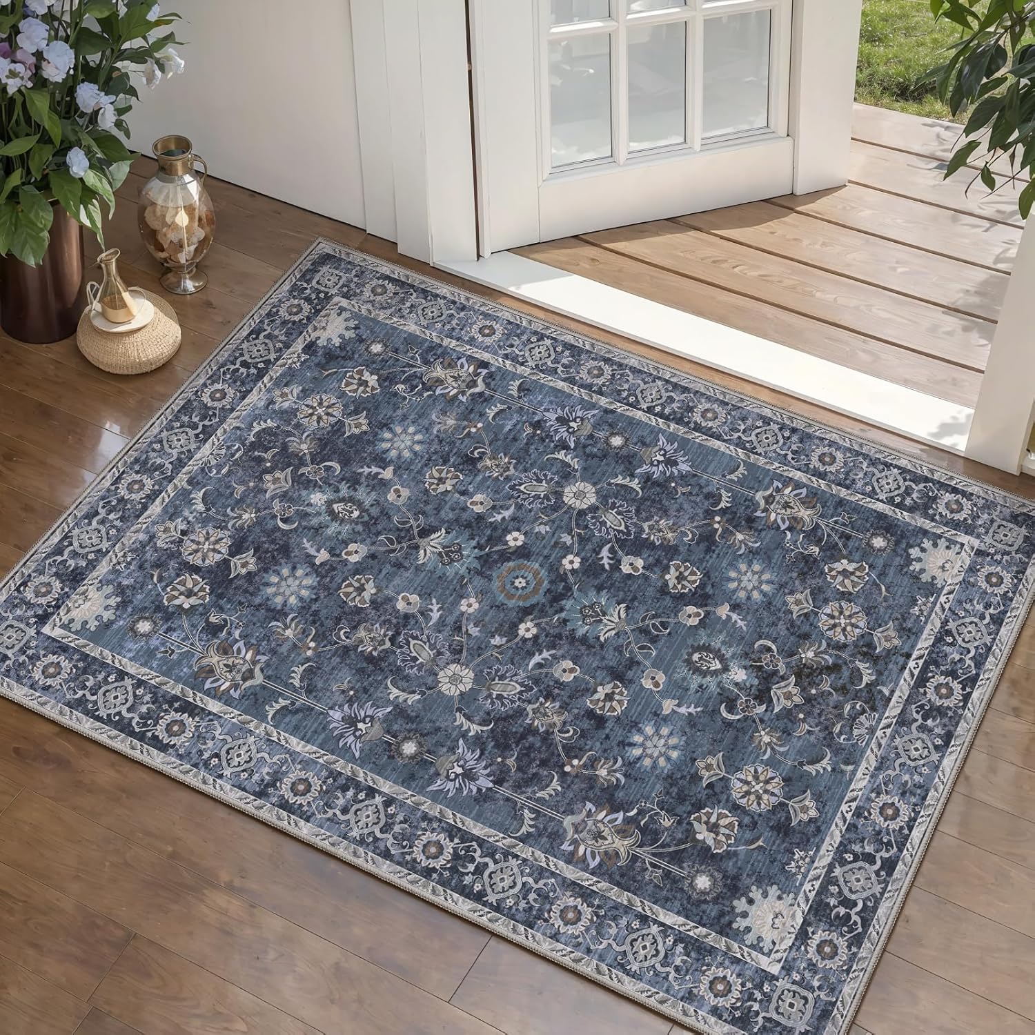 Tangsoo Small Rug 2x3 Throw Rugs for Entryway Washable Entry Rug Non Slip, Vintage Blue Floral Indoor Rugs Distressed Small Carpet Soft Low Pile Boho Door Mat for Entrance Bedroom Kitchen Foyer Decor