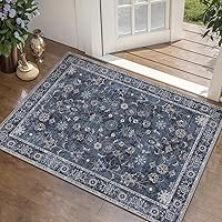 Tangsoo 2x3 Washable Non-Slip Entryway Rug - Vintage Blue Floral Distressed Boho Low Pile Door Mat for Kitchen Bedroom Foyer