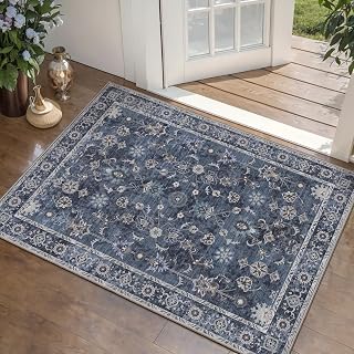 Tangsoo 2x3 Washable Non-Slip Entryway Rug - Vintage Blue Floral Distressed Boho Low Pile Door Mat for Kitchen Bedroom Foyer