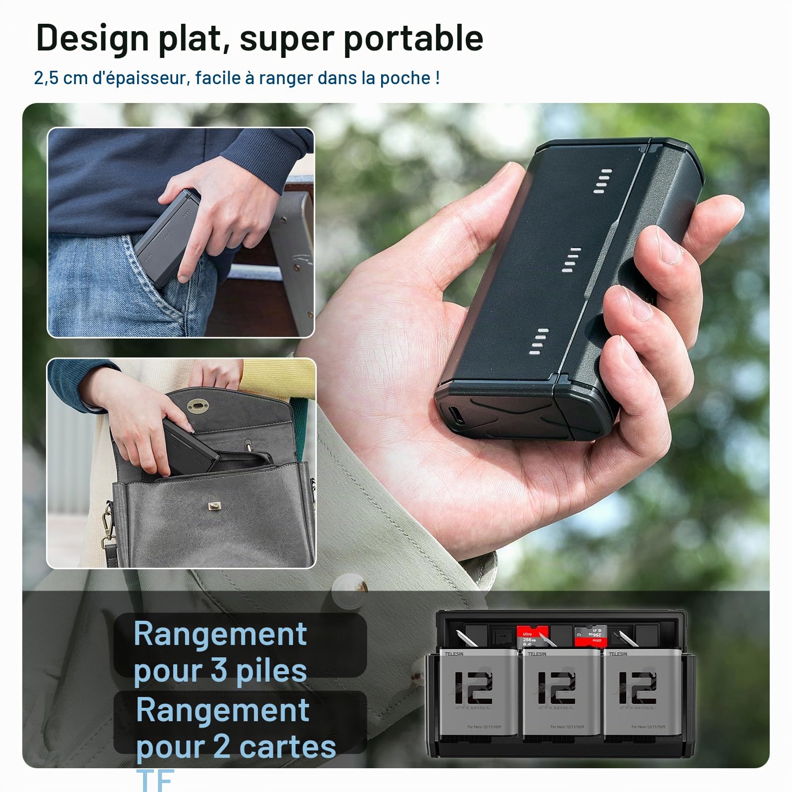 Batterie d'endurance pour Go Pro Hero 12 11 10 9 1750 mAh Endurence Battery, Chargeur Rapide, étui de Rangement pour Carte TF pour Go Pro Hero 9 10 11 Noir
