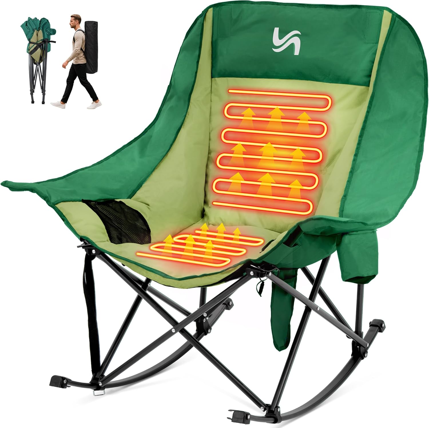 Slsy Heated Rocking Camping Chair, Portable Folding Oversized Padded Outdoor Rocker for Adults, 4 Adjustable Heating Levels, Quick Setup, Compact Storage, Lawn & Patio, Carry Bag Included