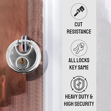 NU-Set Lock | Round Laminated Padlock | Single Round Padlock for Door Security | Home Improvement & Door Hardware (Stainless Steel)