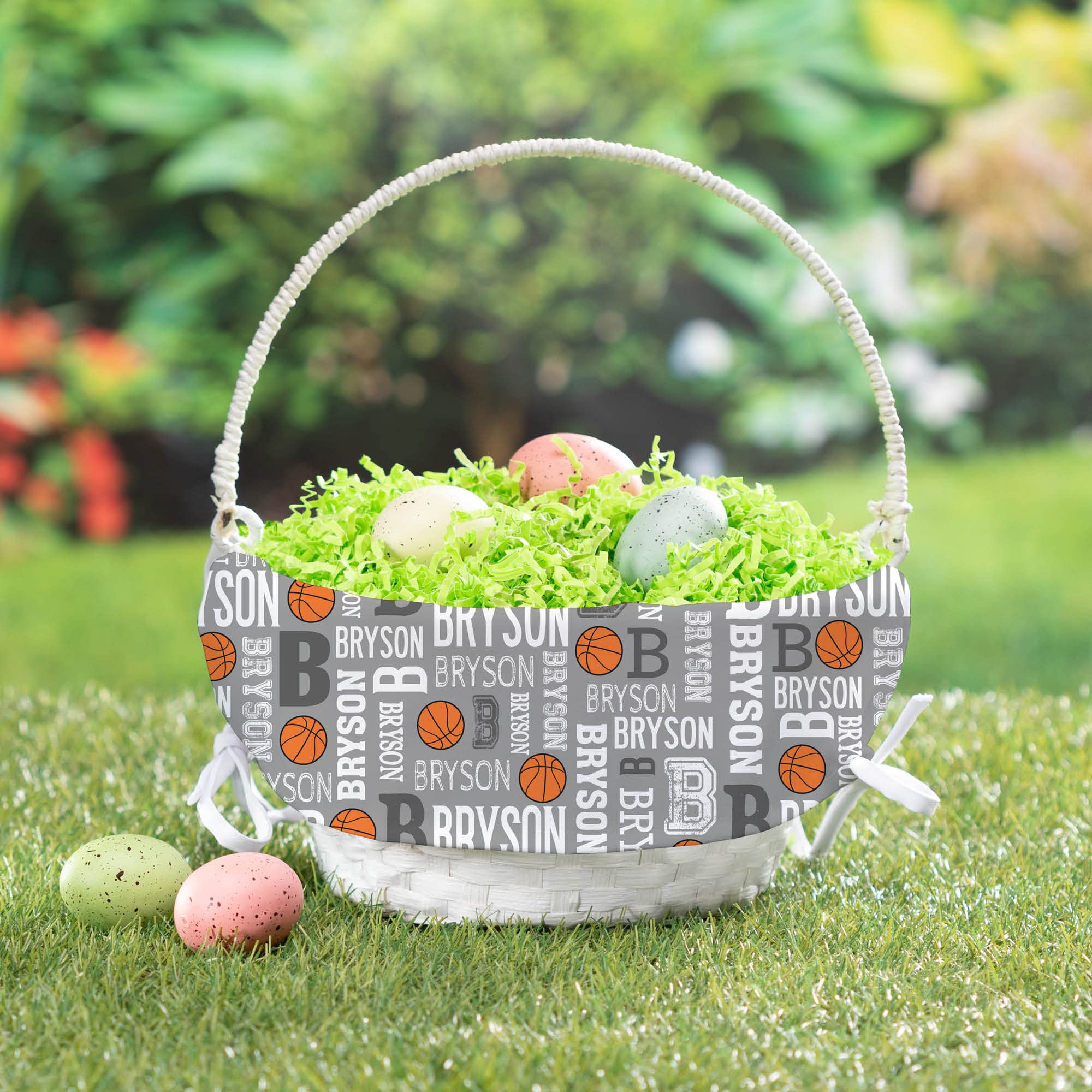 Personalized Basketball Easter Egg Basket with Handle and Custom Name | Gray Easter Basket Liners | White Basket | Woven Easter Baskets for Kids | Customized Easter Basket