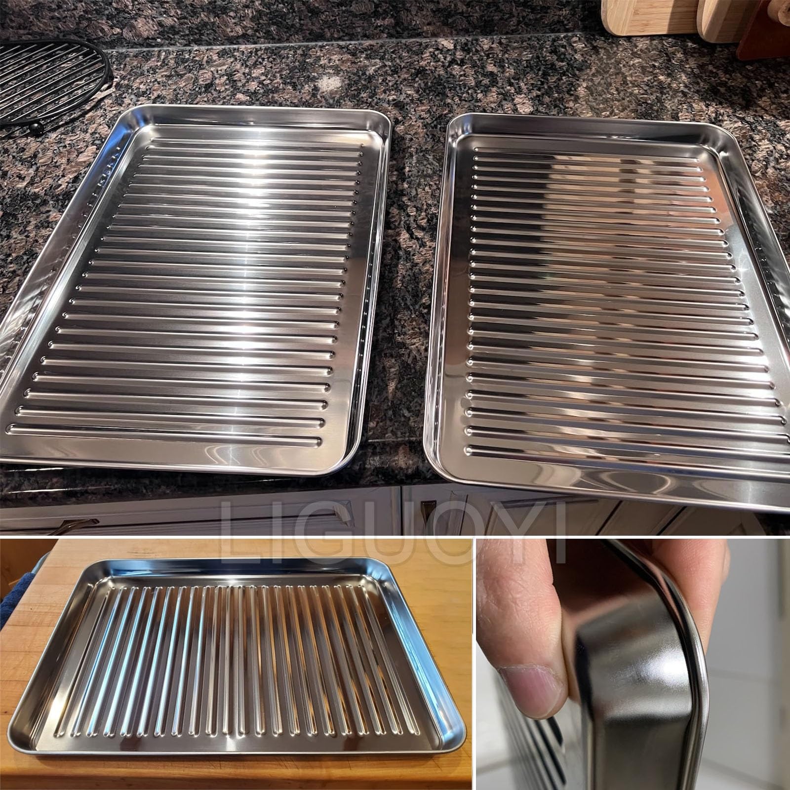 Bandeja para hornear, Juego de 2 bandejas antiadherentes for horno acero inoxidable, resistentes a la deformación, rectangulares, 27,6 cm, 41,9 y 44,3, metálicas for hornear galletas(320x250mm)