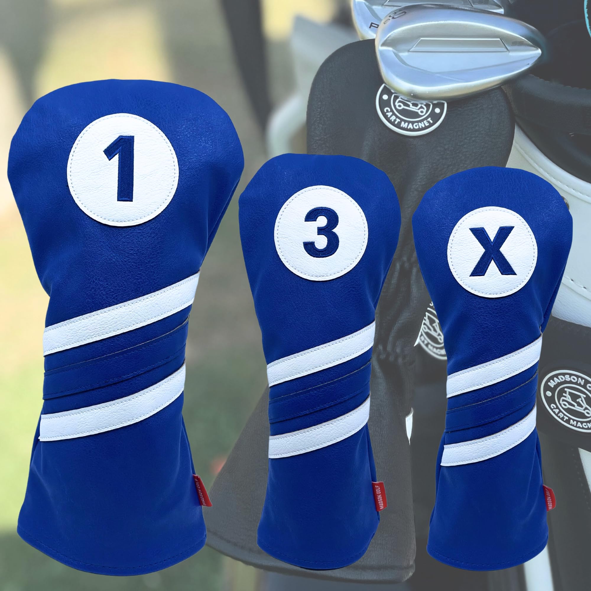 Madson Golf Cart Magnet Headcovers 3 Pack Set, Club Head Covers for Driver, Fairway Wood, Hybrid Golf Clubs, with Rubber Magnet for Secure Positioning & Quick Access, Magnetic Golf (Navy and White)